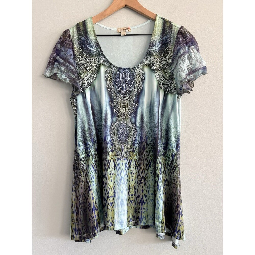 One World Tunic Blouse Blue Green Design Short Sleeve Women's Large